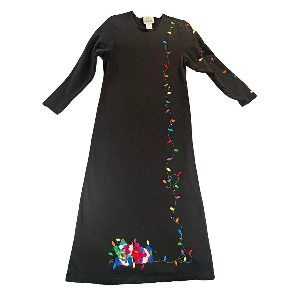 The Quacker Factory Black Christmas Embroidered Shift Dress MED Snowmen Holidays